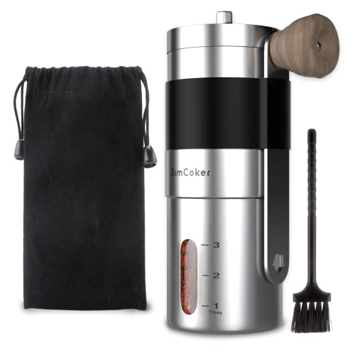 SimCoker Manual Coffee Grinder Ceramic Burrs Hand Coffee Grinder 304 Stainless Steel Compact size, Includes Cleaning Brush, Storage Pouch