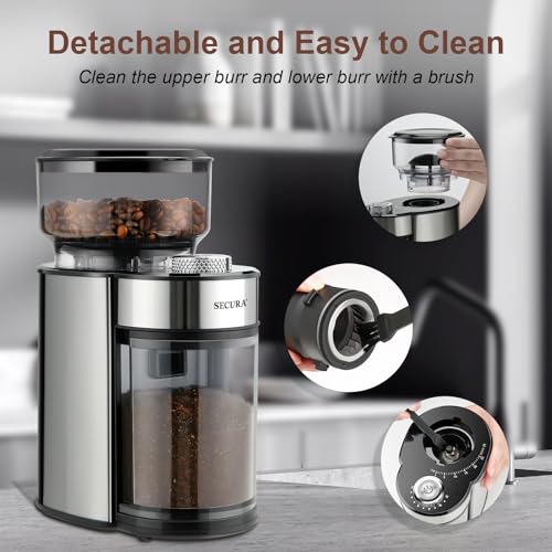 Secura Coffee Grinder Electric Conical Burr Coffee Grinder Anti-static Coffee Grinder with 25 Precise Grind Settings for 2-12 Cups Electric Burr Coffee Grinder for Espresso/French Press Coffee Maker