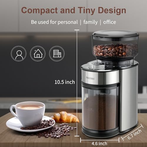 Secura Coffee Grinder Electric Conical Burr Coffee Grinder Anti-static Coffee Grinder with 25 Precise Grind Settings for 2-12 Cups Electric Burr Coffee Grinder for Espresso/French Press Coffee Maker