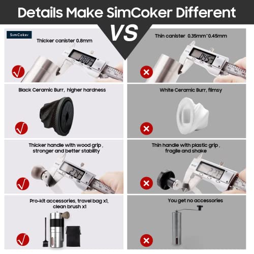 SimCoker Manual Coffee Grinder Ceramic Burrs Hand Coffee Grinder 304 Stainless Steel Compact size, Includes Cleaning Brush, Storage Pouch