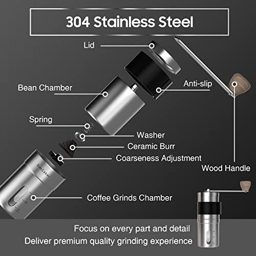SimCoker Manual Coffee Grinder Ceramic Burrs Hand Coffee Grinder 304 Stainless Steel Compact size, Includes Cleaning Brush, Storage Pouch