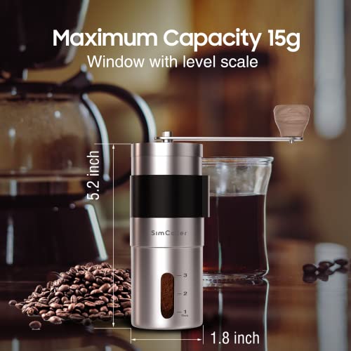SimCoker Manual Coffee Grinder Ceramic Burrs Hand Coffee Grinder 304 Stainless Steel Compact size, Includes Cleaning Brush, Storage Pouch