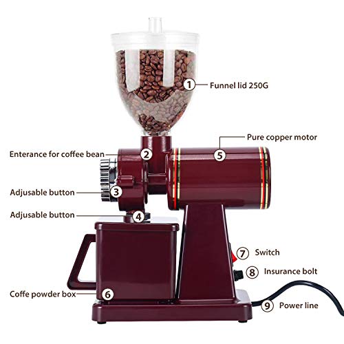 RRH Burr Coffee Grinders, Professional Electric Coffee Grinder, Automatic Burr Mill Grinder, 250g Coffee Bean Powder Grinding Machine 110V, Red