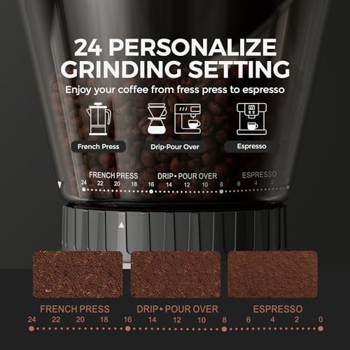 Burr Coffee Grinder Conical Coffee Grinder with Digital Timer Display,24 Precise Settings Electric Coffee Bean Grinder for Espresso/Drip/Pour Over/Cold Brew/French Press Brewing,Stainless Steel