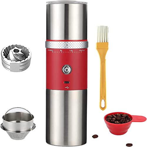 Portable Electric Conical Burr Coffee Grinders, Spice Grinder Electric, Bean Grinder,USB Rechargeable Coffee Maker Stainless Steel Coffee Bean Machine with 15 Fine to Coarse Grind Settings (Red)