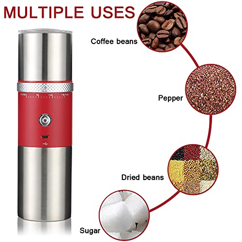 Portable Electric Conical Burr Coffee Grinders, Spice Grinder Electric, Bean Grinder,USB Rechargeable Coffee Maker Stainless Steel Coffee Bean Machine with 15 Fine to Coarse Grind Settings (Red)