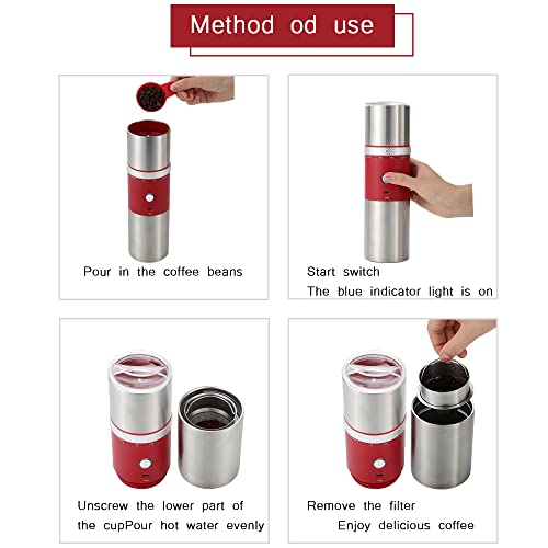 Portable Electric Conical Burr Coffee Grinders, Spice Grinder Electric, Bean Grinder,USB Rechargeable Coffee Maker Stainless Steel Coffee Bean Machine with 15 Fine to Coarse Grind Settings (Red)