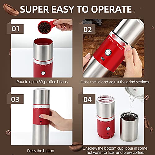 Portable Electric Conical Burr Coffee Grinders, Spice Grinder Electric, Bean Grinder,USB Rechargeable Coffee Maker Stainless Steel Coffee Bean Machine with 15 Fine to Coarse Grind Settings (Red)