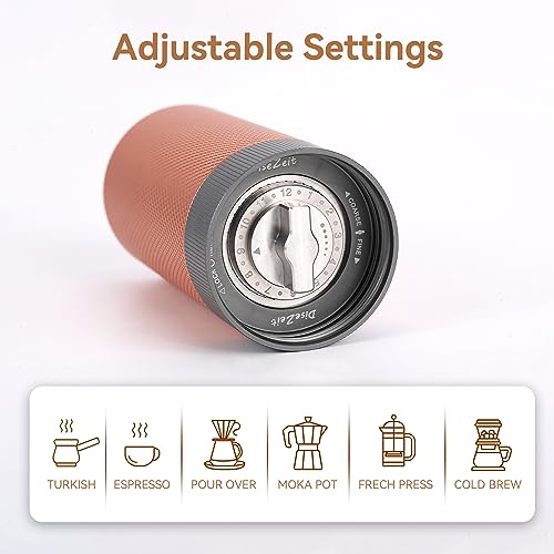 DiseZeit Manual Coffee Grinder, 7-Axis Stainless Steel Burr, Three-Stage Disassembly for Easy Cleaning, 25-30g Capacity Coffee Grinder Manual with Adjustable Settings, Brush&Storage Bag Included