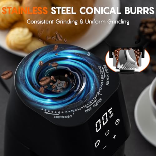 Ollygrin Conical Burr Coffee Grinder Electrical Burr Grinder with Digital Timer 30 Precise Grind Settings 2-14 Cups Adjustable Burr Mill Grinder for Espresso Drip and French Press Black