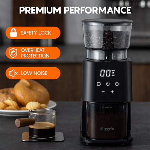 Ollygrin Conical Burr Coffee Grinder Electrical Burr Grinder with Digital Timer 30 Precise Grind Settings 2-14 Cups Adjustable Burr Mill Grinder for Espresso Drip and French Press Black