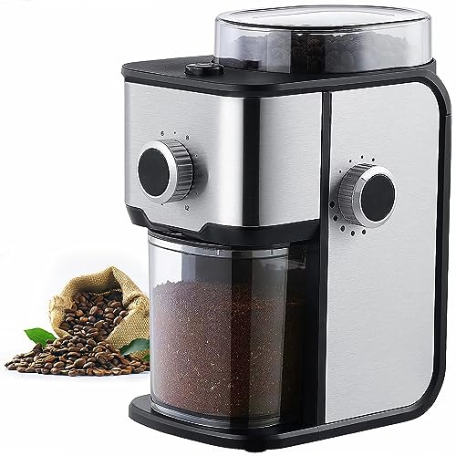 Ollygrin Flat Burr Coffee Grinder Electric, Coffee Bean Grinder Electric Espresso, Stainless Steel Coffee Bean Grinder With 14 Grind Settings 12 Cups SilverV01S