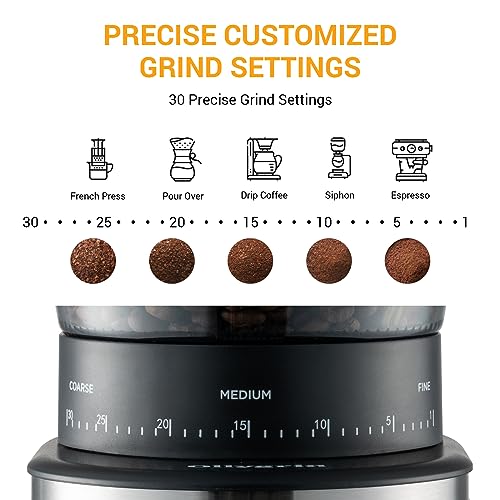 Ollygrin Coffee Grinder Electric Burr Mill, Conical Burr Espresso Coffee Grinder, Coffee Bean Grinder With 30 Adjustable Settings Precise Setting For 2-12 Cups Stainless Steel Silver