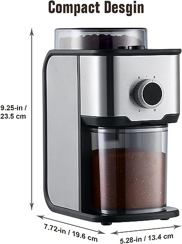 Ollygrin Flat Burr Coffee Grinder Electric, Coffee Bean Grinder Electric Espresso, Stainless Steel Coffee Bean Grinder With 14 Grind Settings 12 Cups SilverV01S