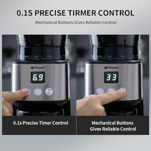 Aligain Stainless Steel Burr Coffee Grinder with 51 Grind Settings，Grind Timer,Electric Coffee Grinder for Espresso/Drip/Pour Over/Cold Brew/French Press Coffee Maker，120V/165W