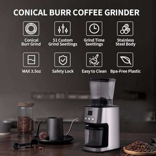 Aligain Stainless Steel Burr Coffee Grinder with 51 Grind Settings，Grind Timer,Electric Coffee Grinder for Espresso/Drip/Pour Over/Cold Brew/French Press Coffee Maker，120V/165W