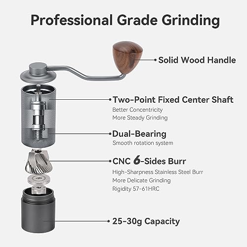 DiseZeit Manual Coffee Grinder, 6-Axis Stainless Steel Burr, Portable Manual Coffee Grinder, Easy Cleaning, 28g Capacity Coffee Grinder Manual with Adjustable Settings, Brush&Storage Bag Included