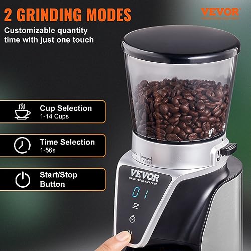 VEVOR Conical Burr Coffee Grinder 51 Precise, Coffee Grinder with LED Screen & Anti-static Device, Adjustable Burr Grinder for 1-14 Cups or 1-56 Seconds, Medium, Black