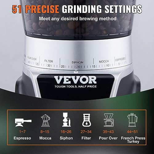 VEVOR Conical Burr Coffee Grinder 51 Precise, Coffee Grinder with LED Screen & Anti-static Device, Adjustable Burr Grinder for 1-14 Cups or 1-56 Seconds, Medium, Black