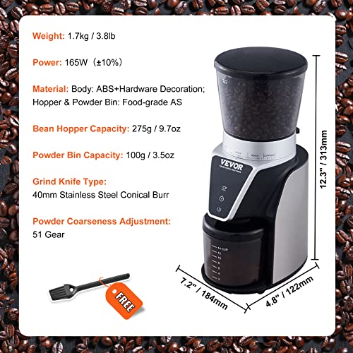 VEVOR Conical Burr Coffee Grinder 51 Precise, Coffee Grinder with LED Screen & Anti-static Device, Adjustable Burr Grinder for 1-14 Cups or 1-56 Seconds, Medium, Black