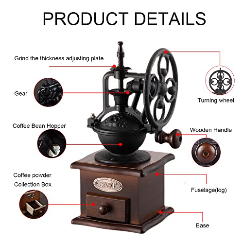 Burr Coffee Grinder,Burr Grinder Vintage Style Wooden Hand Grinder Hand Coffee Been Grinder,Classic French Press Coffee Mill Hand Crank Coffee Grinders Burr,with Brush