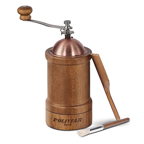 POLIVIAR Manual Coffee Grinder, Coffee Bean Grinder with Adjustable Ceramic Burr, Vintage Style Wooden Hand Coffee Grinder, Large Capacity Burr Coffee Grinder with Brush and Spoon (JX2022-CG20)