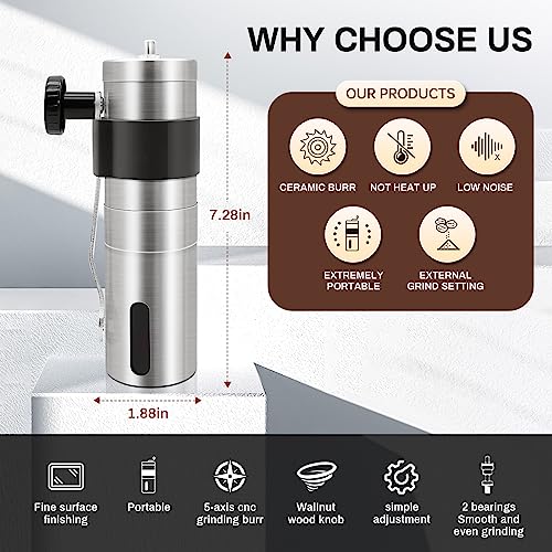 Yowcaw Manual Burr Coffee Grinder Portable Hand Coffee Bean Grinder with Adjustable Coarseness Stainless Steel Coffee Grinder - Coffee Grinder Manual for Travel Camping Kitchen Home Gift