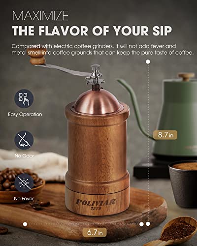 POLIVIAR Manual Coffee Grinder, Coffee Bean Grinder with Adjustable Ceramic Burr, Vintage Style Wooden Hand Coffee Grinder, Large Capacity Burr Coffee Grinder with Brush and Spoon (JX2022-CG20)
