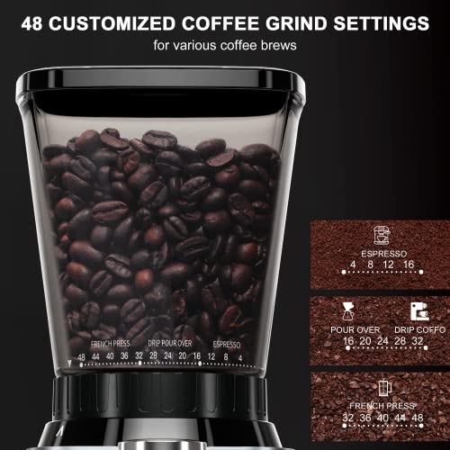 Anti-static Conical Burr Coffee Grinder with 48 Grind Settings, binROC Adjustable Electric Coffee Bean Grinder for 2-12 Cups (Black)