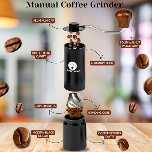 ROCKY LEAF Manual Coffee Grinder, Capacity 25g with Adjustable Stainless Steel Burr Coffee Grinder Manual, Faster Grinding Espresso to Coarse for Office, Home (Brush)
