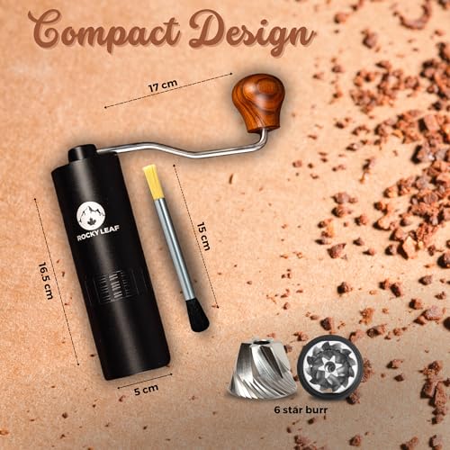 ROCKY LEAF Manual Coffee Grinder, Capacity 25g with Adjustable Stainless Steel Burr Coffee Grinder Manual, Faster Grinding Espresso to Coarse for Office, Home (Brush)