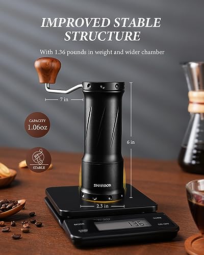 SHARDOR Professional Manual Coffee Bean Grinder with 420 High-Strength Stainless Steel Conical Burr, Hand Coffee Grinder with Ultra-granular Adjustment, Enhanced Stability with Wider 1.06oz Chamber