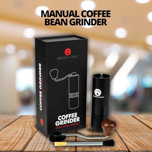 ROCKY LEAF Manual Coffee Grinder, Capacity 25g with Adjustable Stainless Steel Burr Coffee Grinder Manual, Faster Grinding Espresso to Coarse for Office, Home (Brush)