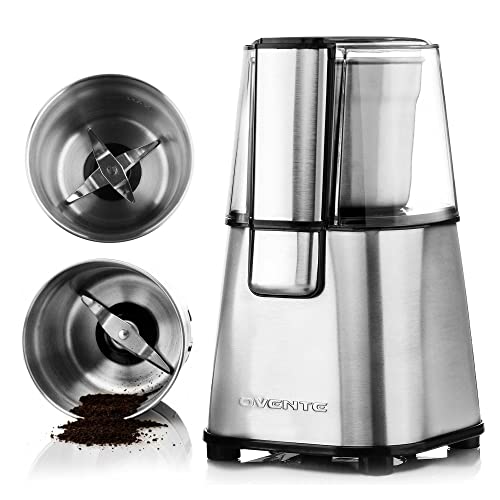 OVENTE Electric Coffee Grinder 2.1 Ounce Cup with 2 Removable Stainless Steel Grinding Bowls, 200 Watt Powered Motor Perfect for Beans, Spices, Nuts, Silver CG620S + ACPCG6000