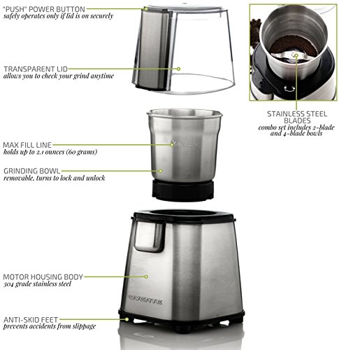 OVENTE Electric Coffee Grinder 2.1 Ounce Cup with 2 Removable Stainless Steel Grinding Bowls, 200 Watt Powered Motor Perfect for Beans, Spices, Nuts, Silver CG620S + ACPCG6000
