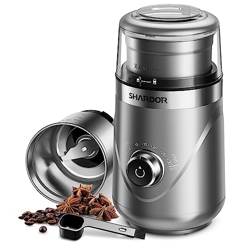 SHARDOR Adjustable Coffee Grinder Electric, Herb Grinder, Spice Grinder, Coffee Bean Grinder, Espresso Grinder with 1 Removable Stainless Steel Bowl, Silver
