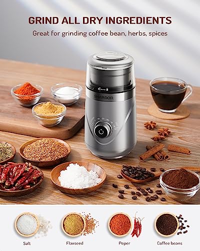 SHARDOR Adjustable Coffee Grinder Electric, Herb Grinder, Spice Grinder, Coffee Bean Grinder, Espresso Grinder with 1 Removable Stainless Steel Bowl, Silver