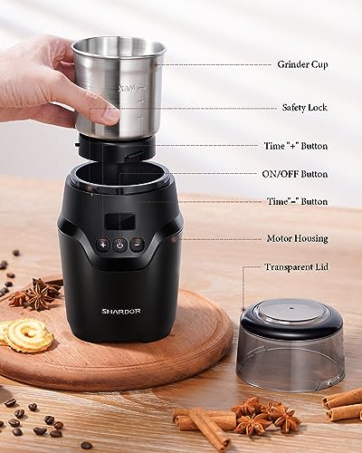 SHARDOR Adjustable Coffee Grinder Electric, Super Silent Electric Coffee Bean Grinder with Time-Memory Adjustment and Multi-Functional Stainless Steel Cup for Spices, Herbs, and Nuts Grinding, Black