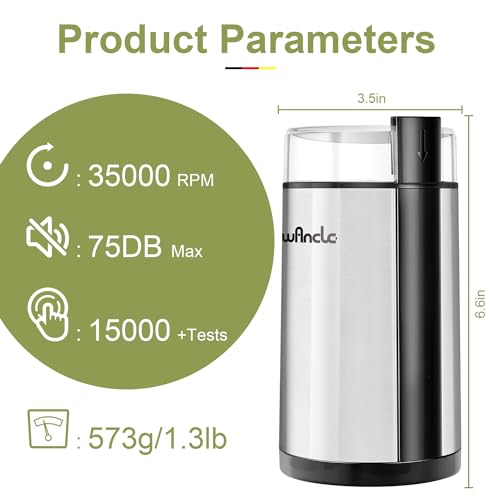 Coffee Grinder, Wancle Electric Coffee Grinder, Quiet Spice Grinder, One Touch Coffee Mill for Beans, Spices and More, with Clean Brush, Stainless Steel