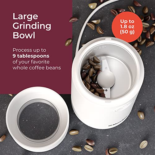 MuellerLiving Electric Coffee Grinder for Spice, Nut, Herbs and Coffee Beans, Sharp Blade, Stainless Steel - White