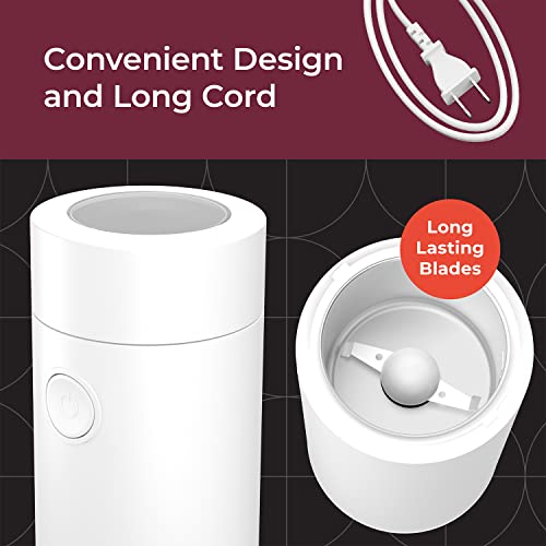 MuellerLiving Electric Coffee Grinder for Spice, Nut, Herbs and Coffee Beans, Sharp Blade, Stainless Steel - White