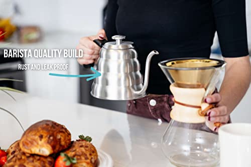 Barista Warrior Gooseneck Kettle with Thermometer, Stainless Steel