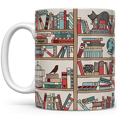 Book Lover Coffee Mug - Books and Cats Theme
