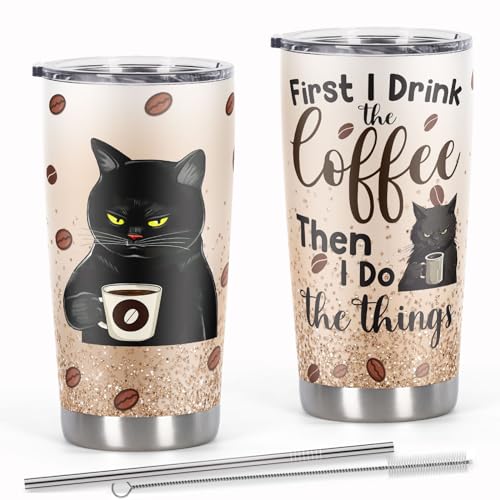 Funny Black Cat Lover Tumbler: First Coffee, Then Things