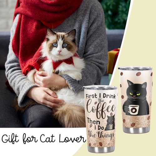 Funny Black Cat Lover Tumbler: First Coffee, Then Things