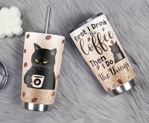 Funny Black Cat Lover Tumbler: First Coffee, Then Things