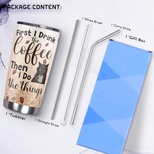 Funny Black Cat Lover Tumbler: First Coffee, Then Things