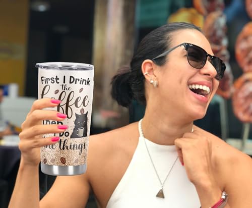 Funny Black Cat Lover Tumbler: First Coffee, Then Things