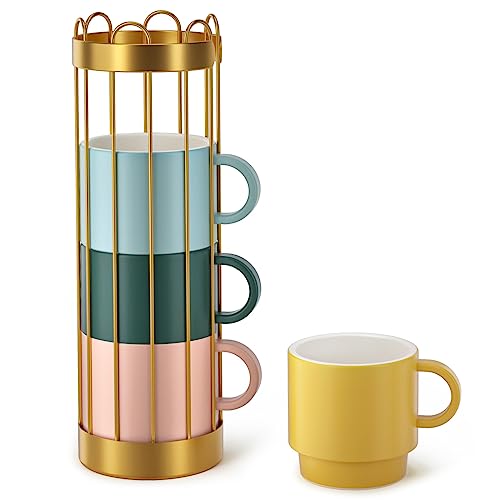 Porcelain Cappuccino Cups Set with Metal Stand - Set of 4