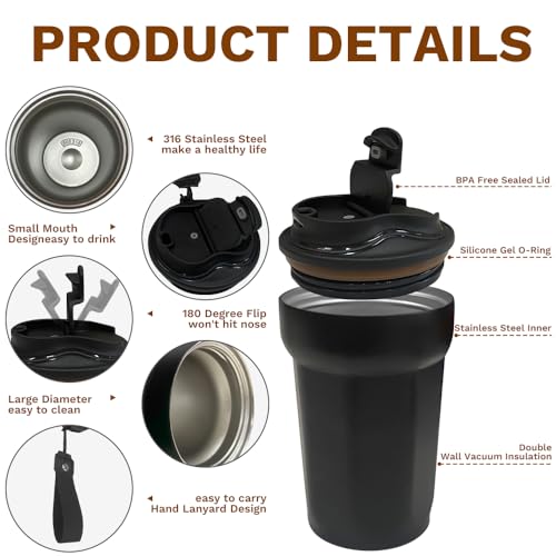 Insulated Coffee Travel Mug 15 oz, Spill-Proof, Leak-Proof